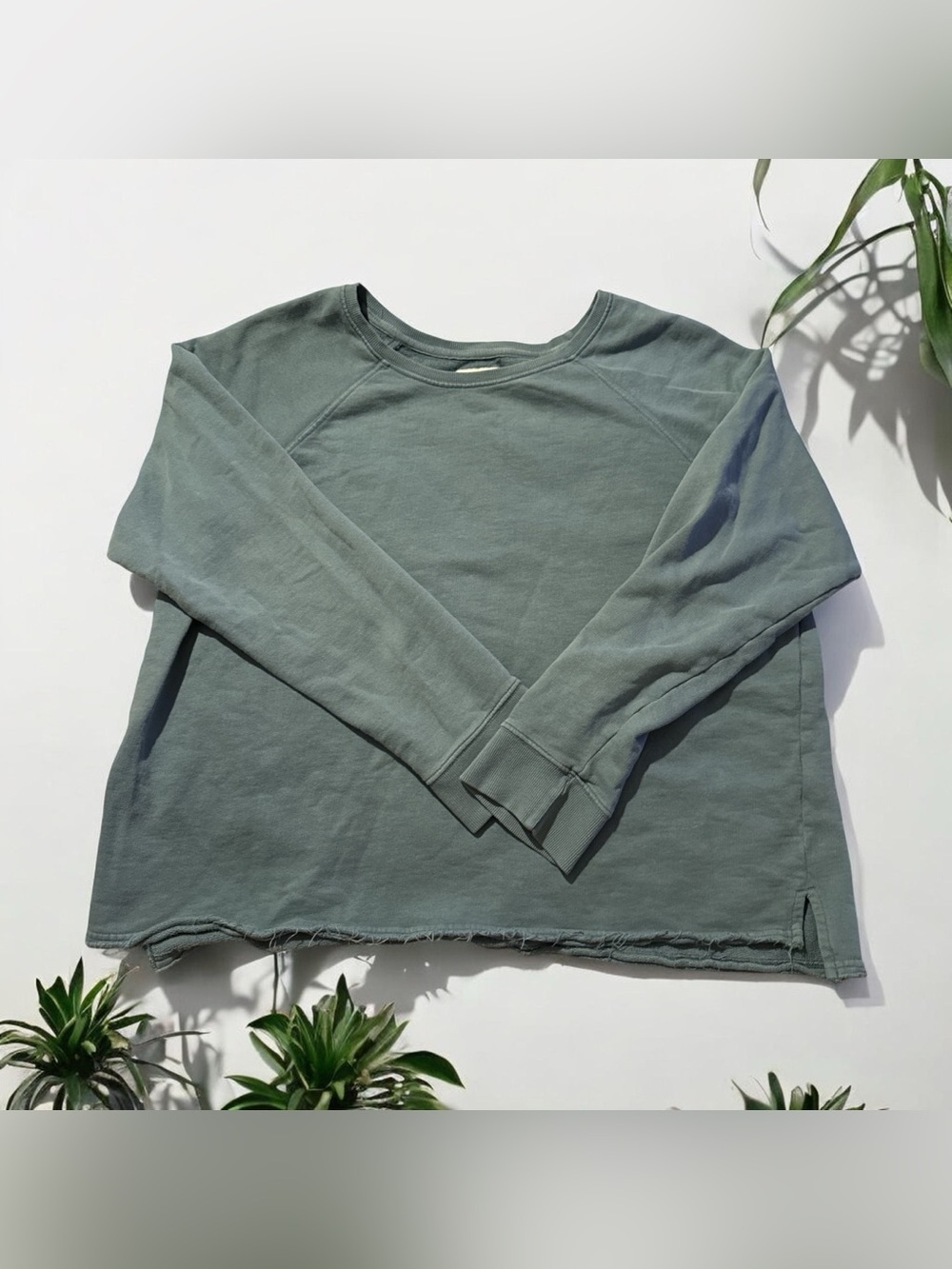 (P1) Pact Raw Hem Organic Cotton Washed Sage Green Crewneck Sweatshirt XL